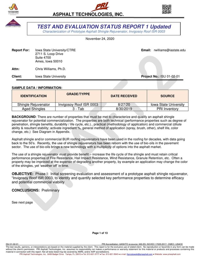 PRI laboratory reports — 2020, 2021 & 2024