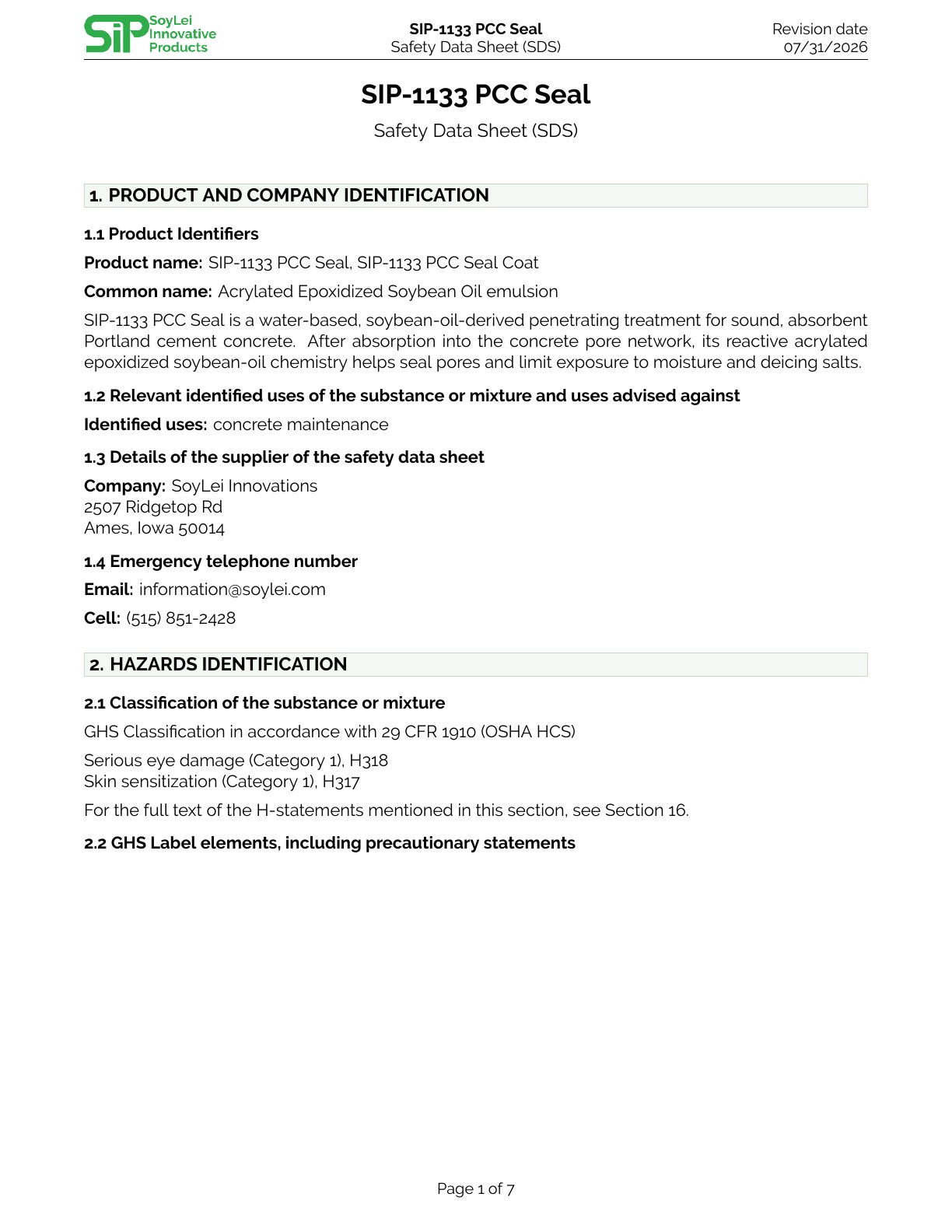 SIP-1133™ PCC Seal SDS