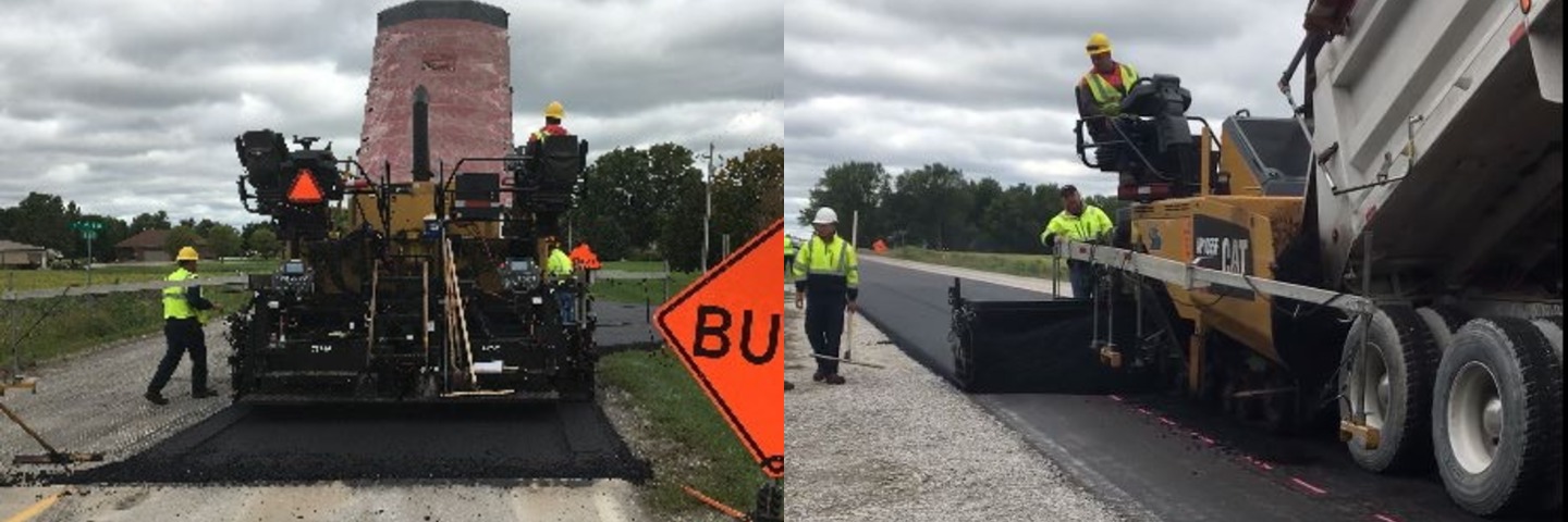 Two views of crews paving the Altoona BioMAG roadway section.