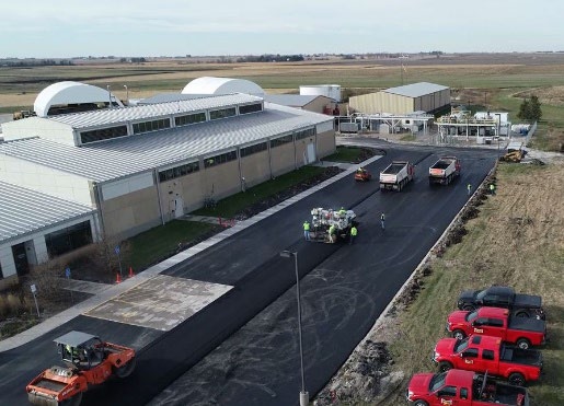 Aerial view of paving at the BioCentury Research Farm north parking lot near Boone, Iowa.