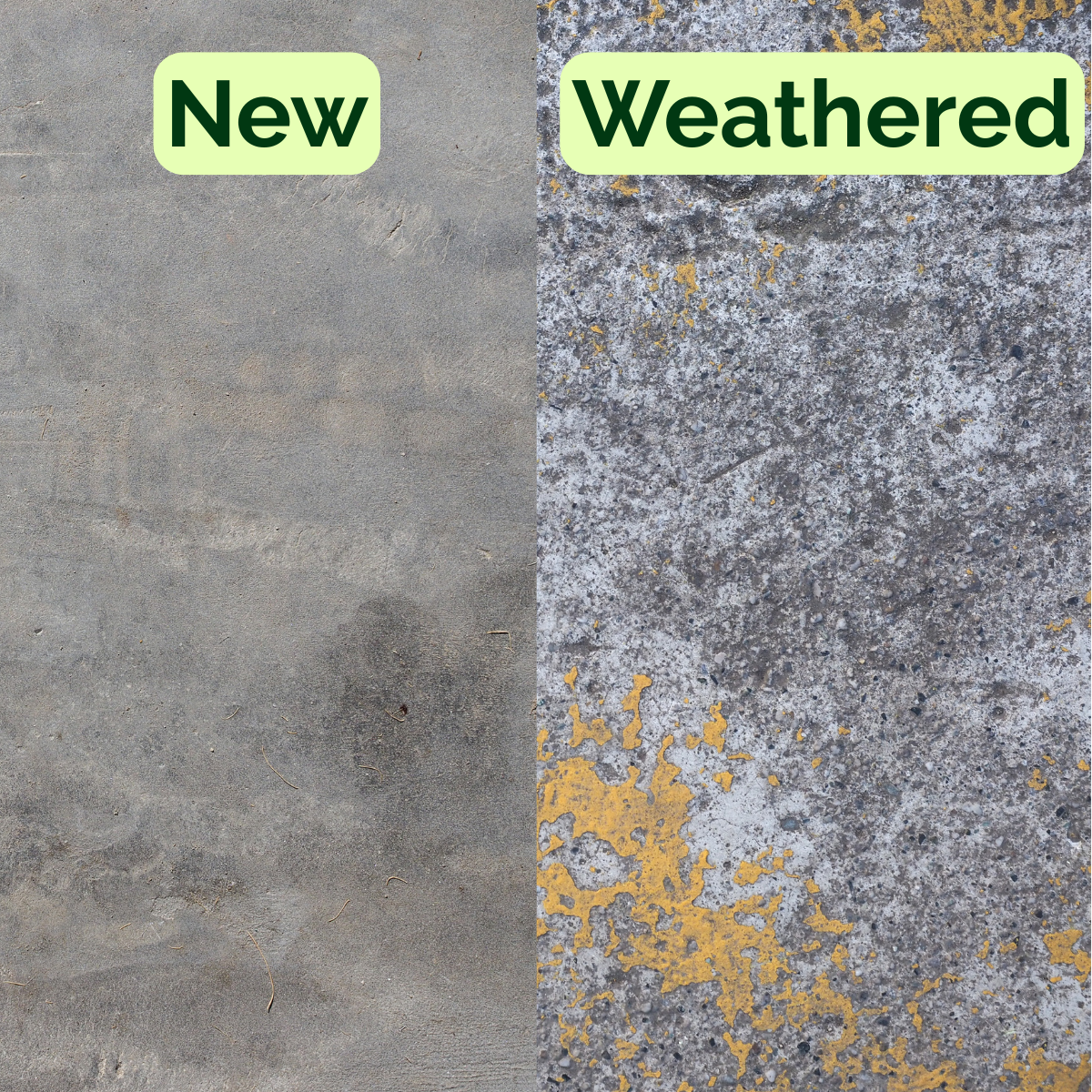 Side-by-side comparison of new concrete and weathered concrete