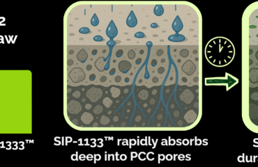 Graphic comparing control and SIP-1133 freeze-thaw cycles, followed by illustrations of absorption into concrete pores and curing into a sealant.