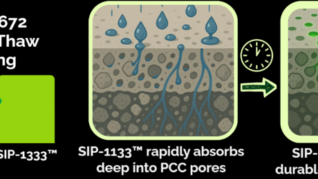 SIP-1133 freeze-thaw performance and concrete-pore sealing graphic Graphic comparing control and SIP-1133 freeze-thaw cycles, followed by illustrations of absorption into concrete pores and curing into a sealant.