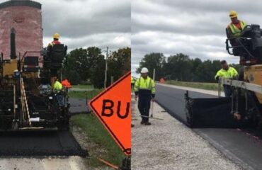 Two views show crews paving the Altoona BioMAG roadway section.