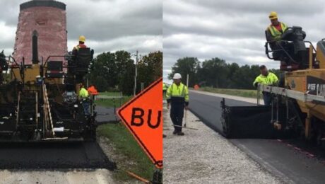 Two views show crews paving the Altoona BioMAG roadway section.