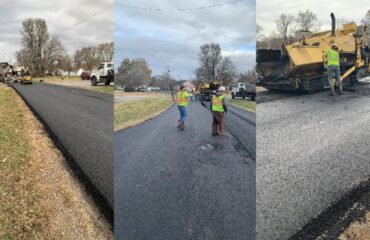 Three photographs show the paving crew, fresh asphalt, and paving train on West Cliff Street in St. Joseph.