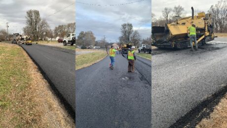 Three photographs show the paving crew, fresh asphalt, and paving train on West Cliff Street in St. Joseph.