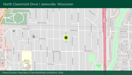 Janesville, Wisconsin: An Equal-Dose 40% Recycled-Binder Comparison Street map of Janesville centered on the SIP-1111 project location on North Claremont Drive.