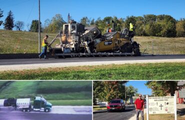 Composite showing a paver on Clayton County X28, recycling equipment on Fayette County C14, and the completed Washington Street surface in Volga.