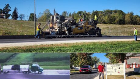 Composite showing a paver on Clayton County X28, recycling equipment on Fayette County C14, and the completed Washington Street surface in Volga.