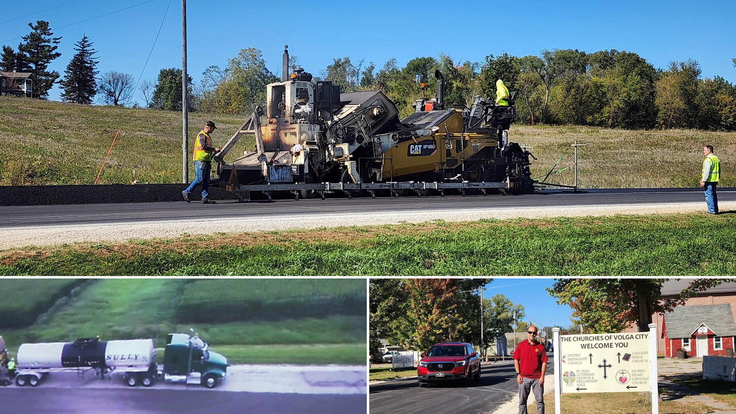 Northeast Iowa Soy Roads: SIP-1111™ in Fayette, Clayton, and Volga Composite showing a paver on Clayton County X28, recycling equipment on Fayette County C14, and the completed Washington Street surface in Volga.