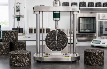 Asphalt specimens surrounding a laboratory fracture-testing fixture, with a split specimen centered in the apparatus.