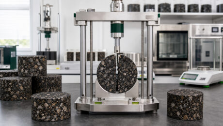 SIP-1111™ in a 45% RAP Balanced Mix Design Asphalt specimens surrounding a laboratory fracture-testing fixture, with a split specimen centered in the apparatus.