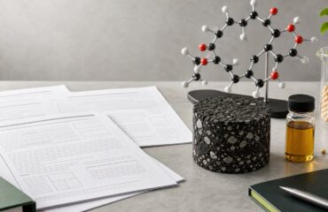 SoyLei’s Licensed Triglyceride and Asphalt Patent Portfolio Soybeans, asphalt binder, molecular models, and patent documents arranged on a technical workbench.
