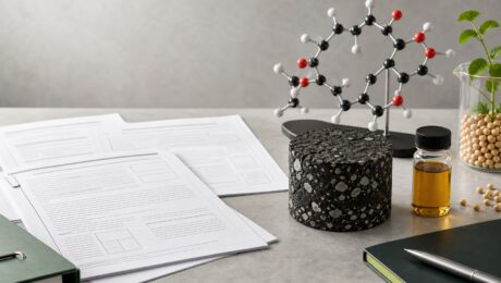 SoyLei’s Licensed Triglyceride and Asphalt Patent Portfolio Soybeans, asphalt binder, molecular models, and patent documents arranged on a technical workbench.