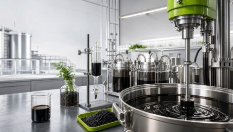 SIP-1111™ PolyExtend: More Control Over Polymer-Modified Asphalt Asphalt-terminal tanks behind a laboratory bench with binder samples and testing instruments.