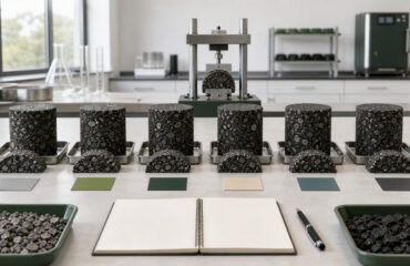 Six unlabeled asphalt specimen sets arranged in a bright laboratory with a cracking-test fixture behind them.