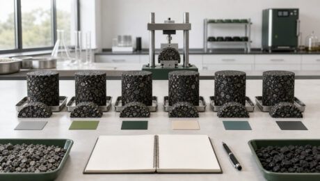 Two SIP-1111™ Treatments Led Hamburg Rutting Resistance in a 35% RAP Study Six unlabeled asphalt specimen sets arranged in a bright laboratory with a cracking-test fixture behind them.