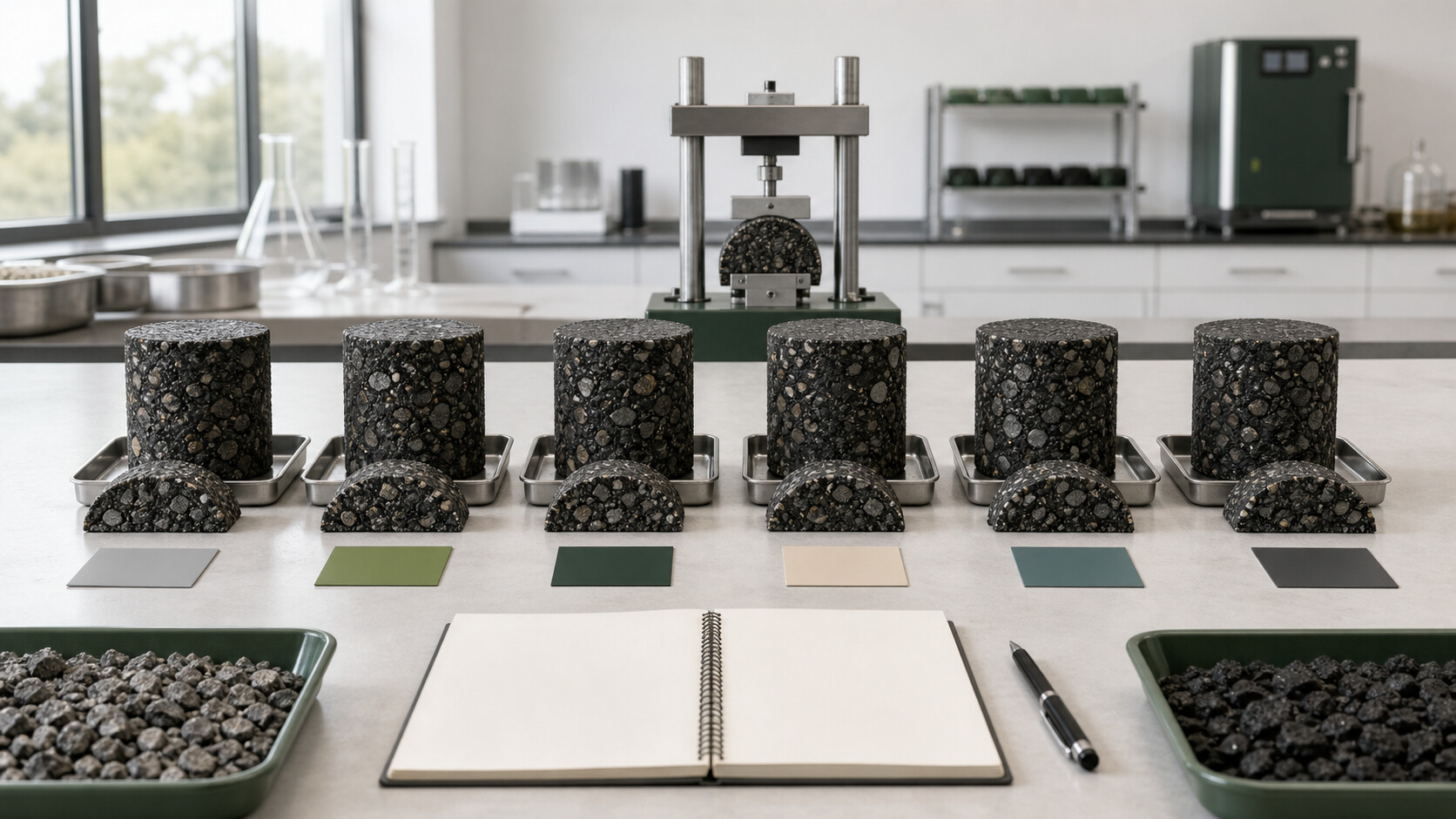Two SIP-1111™ Treatments Led Hamburg Rutting Resistance in a 35% RAP Study Six unlabeled asphalt specimen sets arranged in a bright laboratory with a cracking-test fixture behind them.